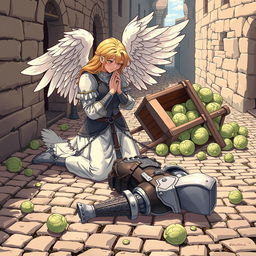 In a beautifully crafted anime style, hand-drawn with rich fantasy elements, an angel with magnificent wings kneels gracefully over a fallen knight in a cobblestone street