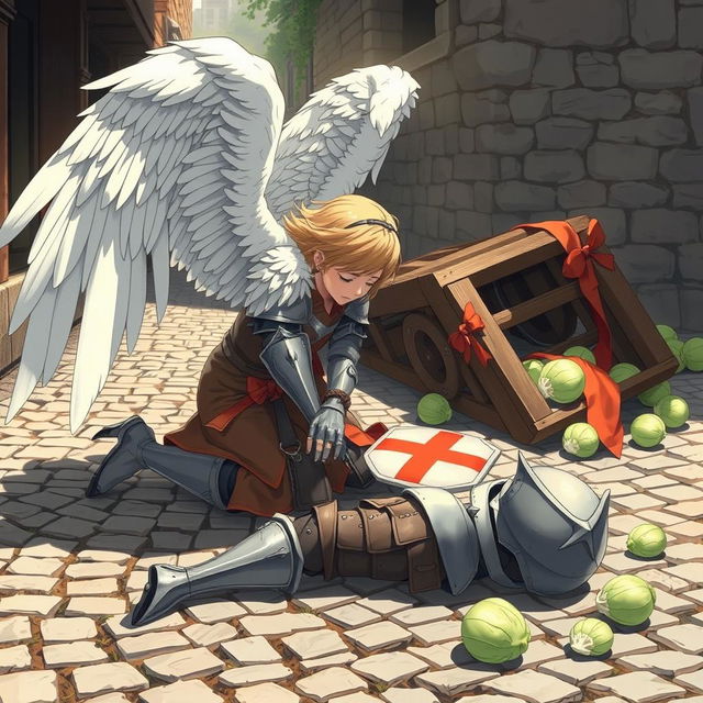 In a beautifully crafted anime style, hand-drawn with rich fantasy elements, an angel with magnificent wings kneels gracefully over a fallen knight in a cobblestone street