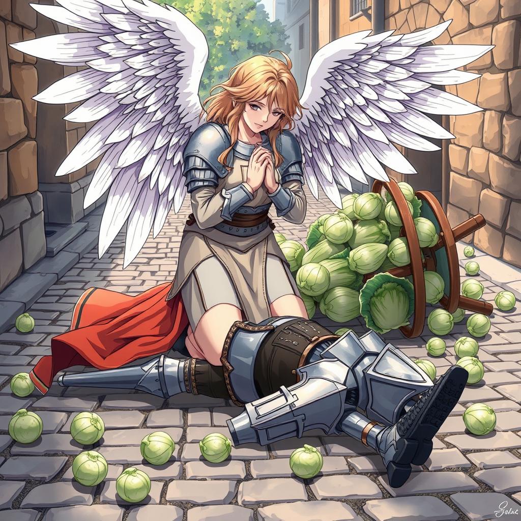 In a beautifully crafted anime style, hand-drawn with rich fantasy elements, an angel with magnificent wings kneels gracefully over a fallen knight in a cobblestone street