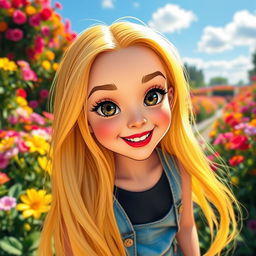 A beautiful girl with long, flowing yellow hair, large, striking black eyes, and bright red lips