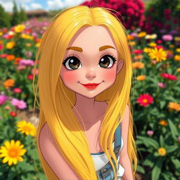 A beautiful girl with long, flowing yellow hair, large, striking black eyes, and bright red lips