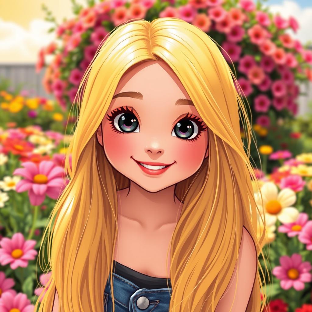 A beautiful girl with long, flowing yellow hair, large, striking black eyes, and bright red lips