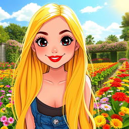 A beautiful girl with long, flowing yellow hair, large, striking black eyes, and bright red lips