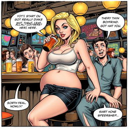 A realistic comic book-style illustration featuring a beautiful, sexy, curvy blonde girl with an innocent expression