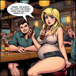 A realistic comic book-style illustration featuring a beautiful, sexy, curvy blonde girl with an innocent expression