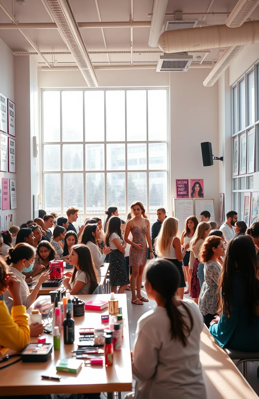 A vibrant and engaging scene depicting a fictional academy dedicated to personal transformation and beauty, called ACM Glowup Academy