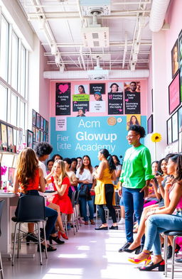 A vibrant and engaging scene depicting a fictional academy dedicated to personal transformation and beauty, called ACM Glowup Academy