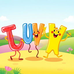 A whimsical illustration featuring the playful letters T, U, V, and W, X, performing a fun dance