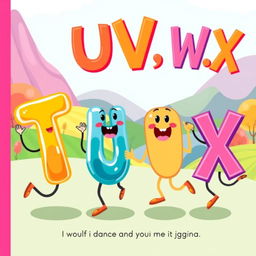 A whimsical illustration featuring the playful letters T, U, V, and W, X, performing a fun dance