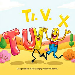 A whimsical illustration featuring the playful letters T, U, V, and W, X, performing a fun dance
