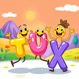 A whimsical illustration featuring the playful letters T, U, V, and W, X, performing a fun dance