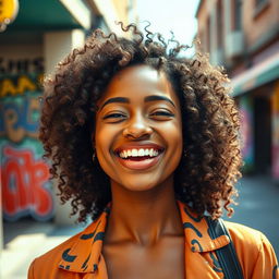A stunning 22-year-old Black woman with beautifully curly hair, radiating confidence and joy