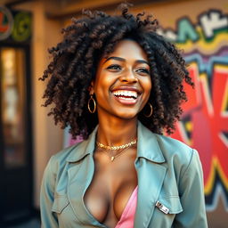 A stunning 22-year-old Black woman with beautifully curly hair, radiating confidence and joy