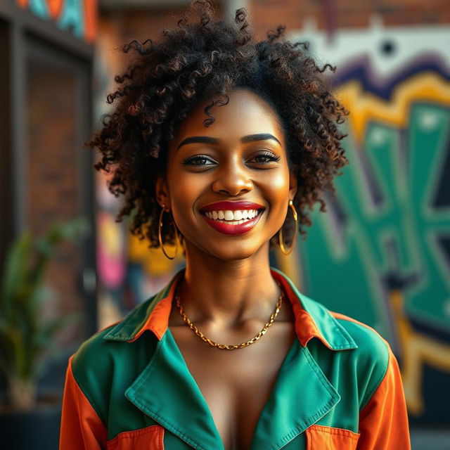 A stunning 22-year-old Black woman with beautifully curly hair, radiating confidence and joy