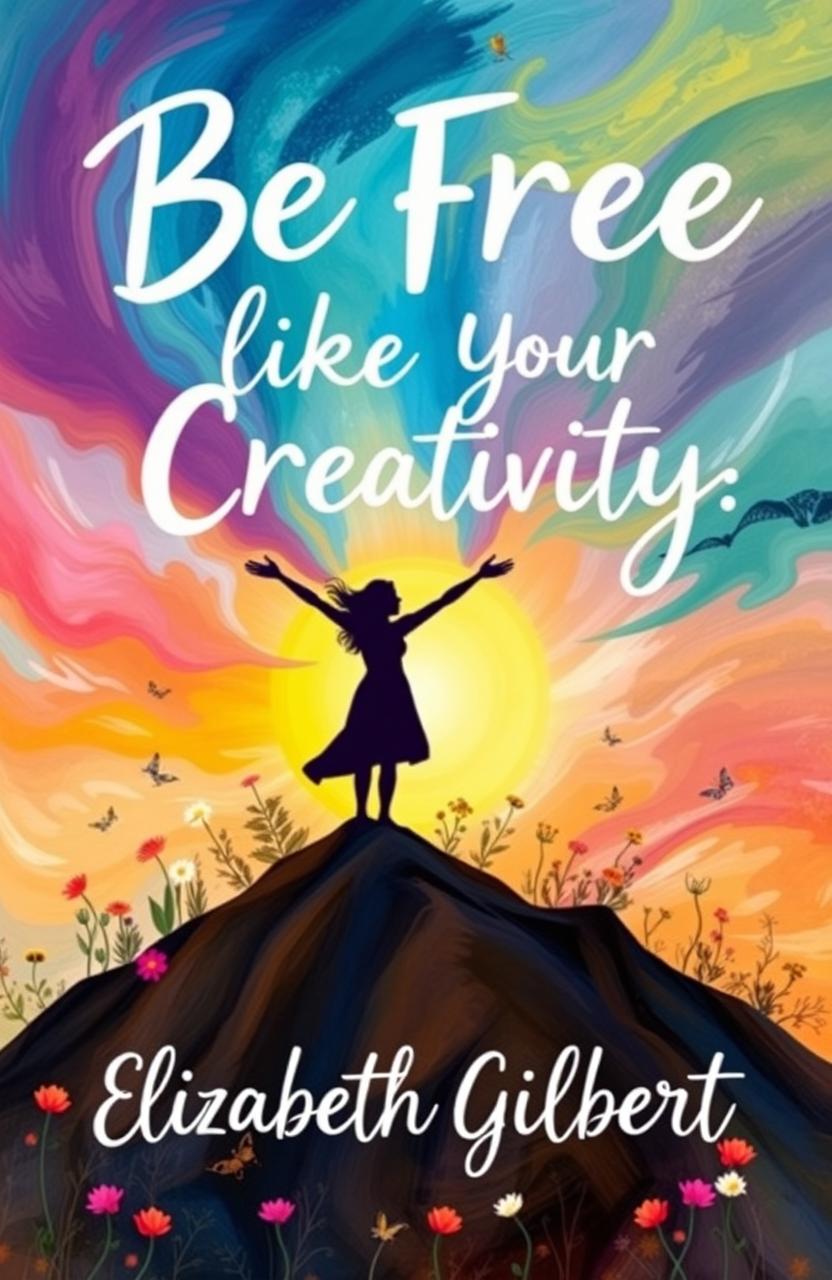 An imaginative and colorful book cover for an Elizabeth Gilbert book titled 'Be Free Like Your Creativity'