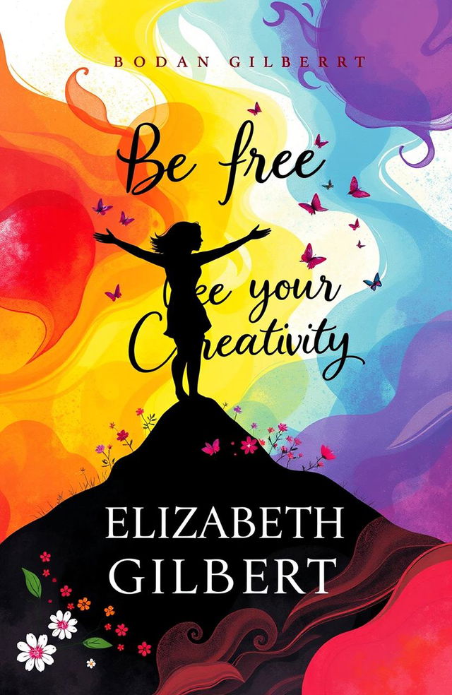 An imaginative and colorful book cover for an Elizabeth Gilbert book titled 'Be Free Like Your Creativity'