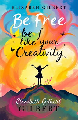An imaginative and colorful book cover for an Elizabeth Gilbert book titled 'Be Free Like Your Creativity'