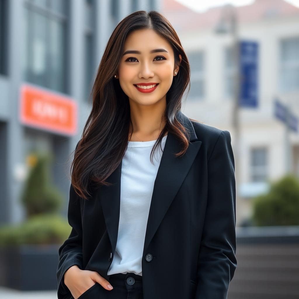 A beautiful Korean woman with delicate features, wearing long black pants, a stylish blazer, and a white t-shirt