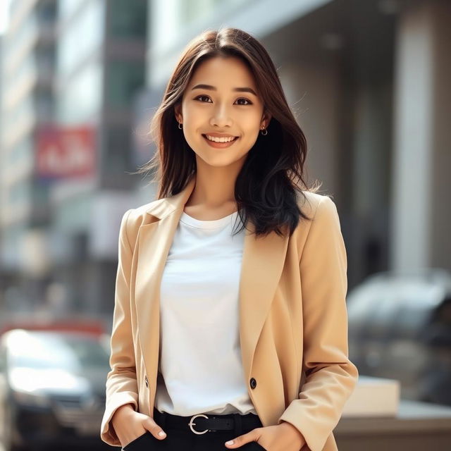 A beautiful Korean woman with delicate features, wearing long black pants, a stylish blazer, and a white t-shirt