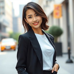 A beautiful Korean woman with delicate features, wearing long black pants, a stylish blazer, and a white t-shirt
