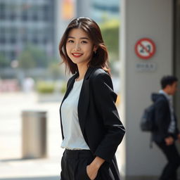 A beautiful Korean woman with delicate features, wearing long black pants, a stylish blazer, and a white t-shirt