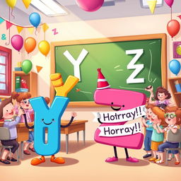 A festive and colorful illustration depicting a classroom scene where letters Y and Z are lively characters celebrating their moment with a joyful crowd of other letters