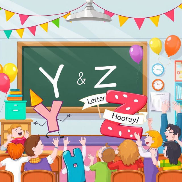 A festive and colorful illustration depicting a classroom scene where letters Y and Z are lively characters celebrating their moment with a joyful crowd of other letters