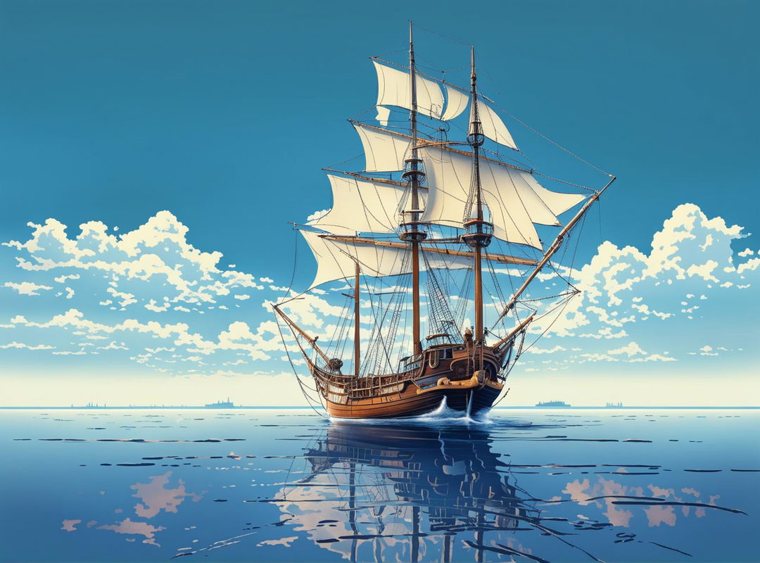 This image is a high-quality digital illustration of a classic sailboat on calm waters under a clear sky