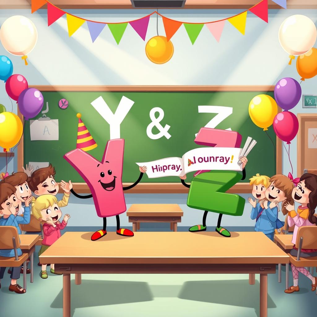 A festive and colorful illustration depicting a classroom scene where letters Y and Z are lively characters celebrating their moment with a joyful crowd of other letters