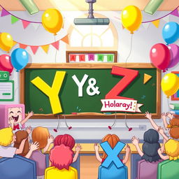 A festive and colorful illustration depicting a classroom scene where letters Y and Z are lively characters celebrating their moment with a joyful crowd of other letters
