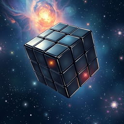 In a captivating anime style, hand-drawn with fantasy elements, a sleek black Rubik's cube floats gracefully in the vastness of space