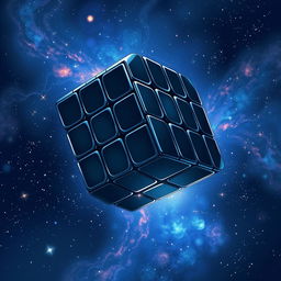 In a captivating anime style, hand-drawn with fantasy elements, a sleek black Rubik's cube floats gracefully in the vastness of space