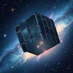 In a captivating anime style, hand-drawn with fantasy elements, a sleek black Rubik's cube floats gracefully in the vastness of space