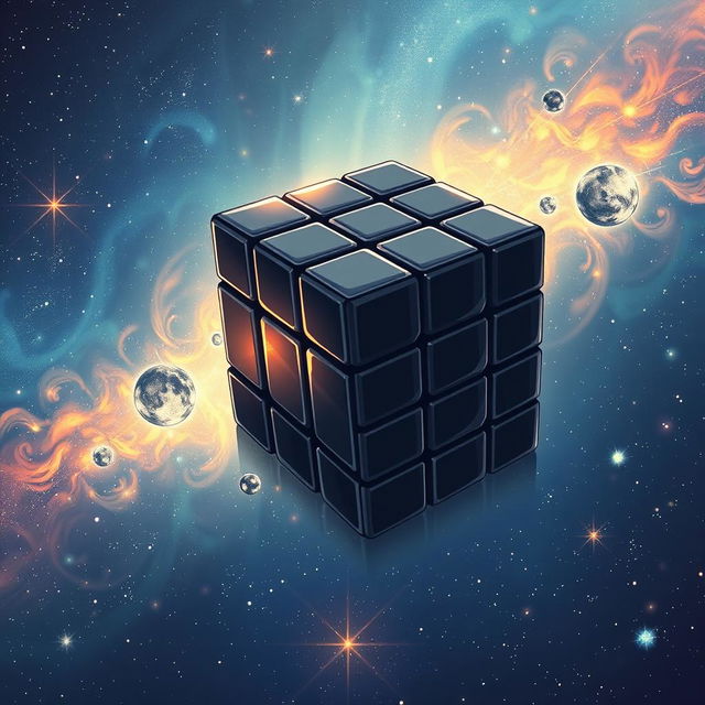 In a captivating anime style, hand-drawn with fantasy elements, a sleek black Rubik's cube floats gracefully in the vastness of space