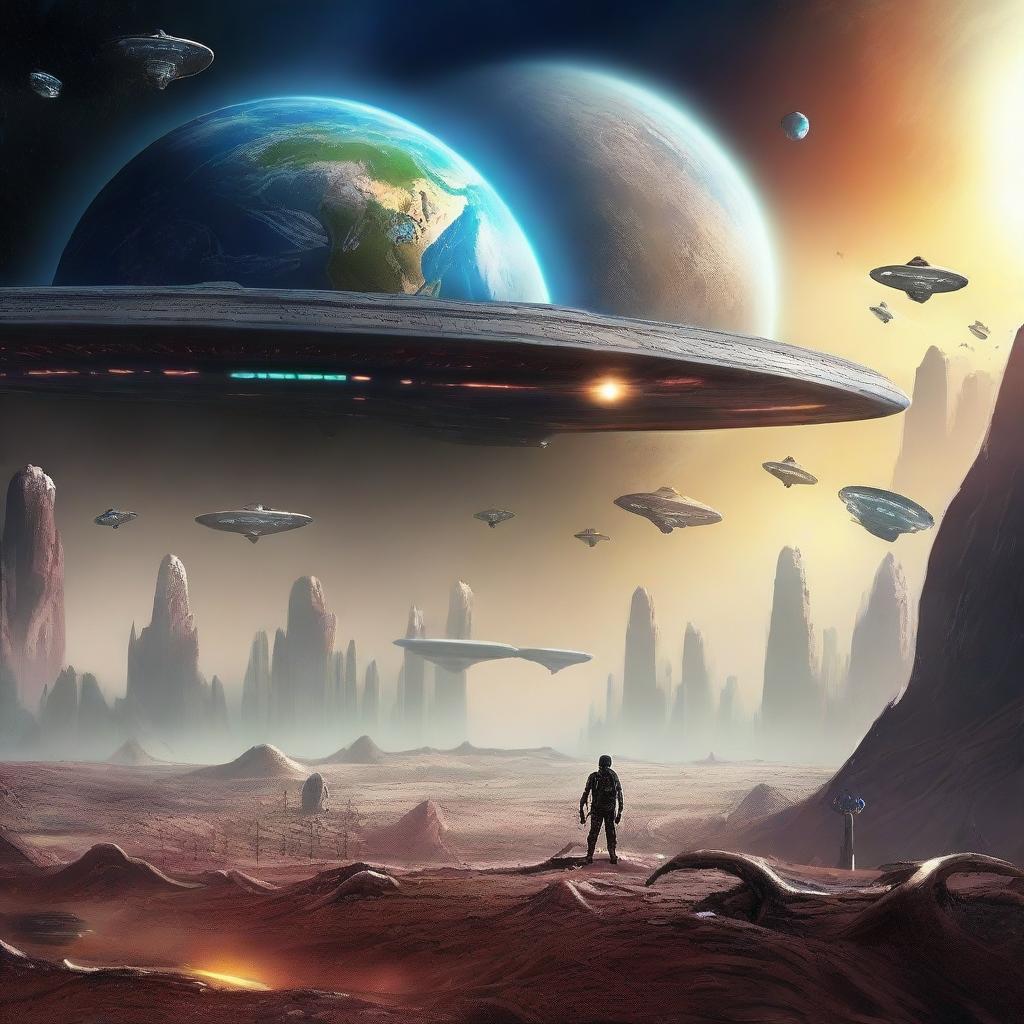 Depict a high-quality, digital art scene of Earth facing an alien invasion