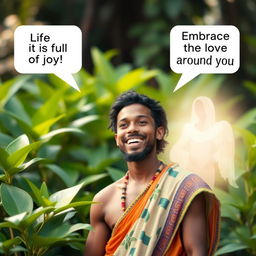 A joyful man with a bright smile standing amidst lush green foliage