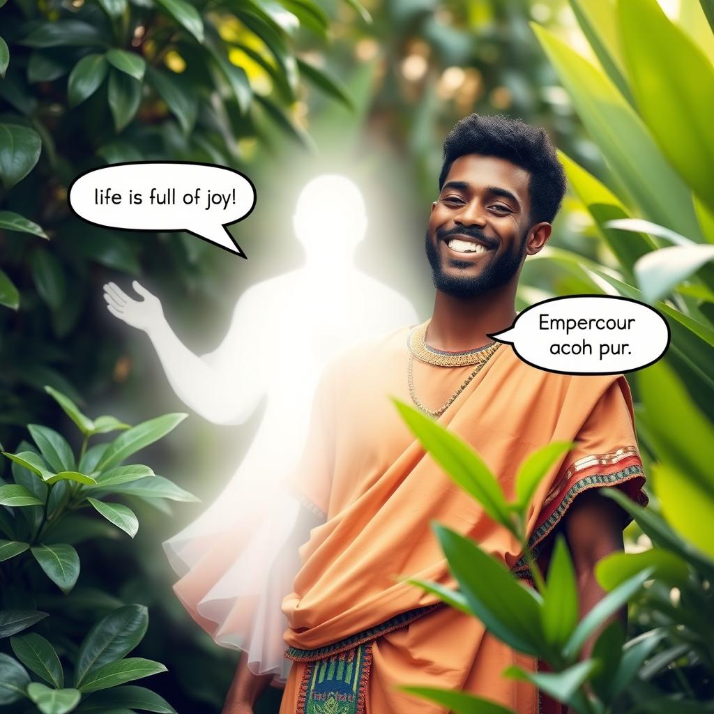 A joyful man with a bright smile standing amidst lush green foliage