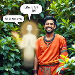 A joyful man with a bright smile standing amidst lush green foliage
