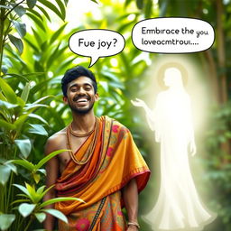 A joyful man with a bright smile standing amidst lush green foliage