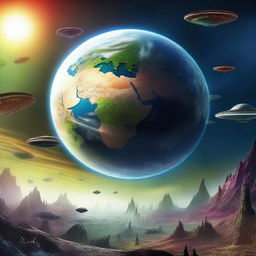 Depict a high-quality, digital art scene of Earth facing an alien invasion