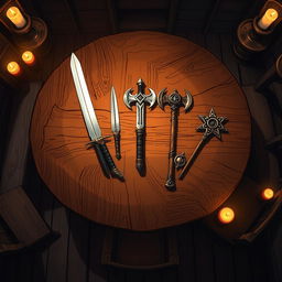 In a captivating anime style, hand-drawn with a touch of fantasy, the scene depicts a sturdy tavern table viewed from above in a dimly lit room