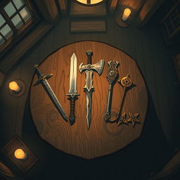 In a captivating anime style, hand-drawn with a touch of fantasy, the scene depicts a sturdy tavern table viewed from above in a dimly lit room