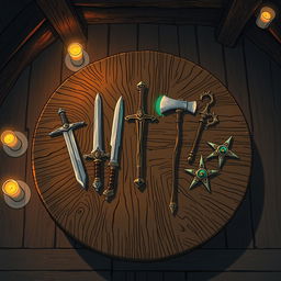 In a captivating anime style, hand-drawn with a touch of fantasy, the scene depicts a sturdy tavern table viewed from above in a dimly lit room