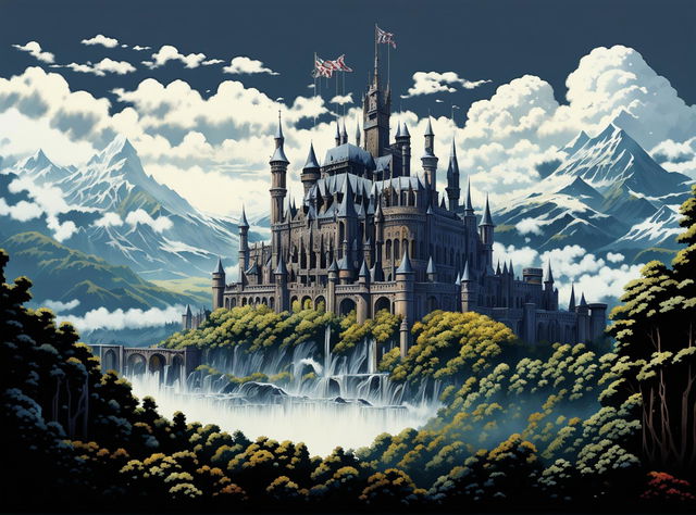 An HD digital art image of a majestic, Gothic-style castle surrounded by a verdant landscape, with a mountain range in the distance