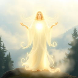 A serene spirit guide, depicted as an ethereal figure embodying warmth and kindness