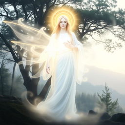 A serene spirit guide, depicted as an ethereal figure embodying warmth and kindness
