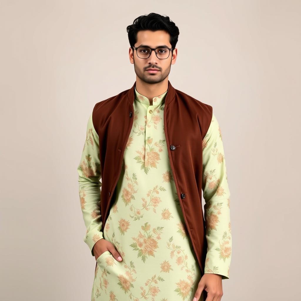 A stylish male model wearing a light green floral kurta adorned with intricate floral patterns, complemented by a rich brown nehru jacket