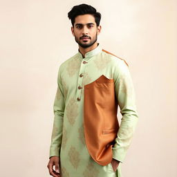 A stylish male model wearing a light green floral kurta adorned with intricate floral patterns, complemented by a rich brown nehru jacket