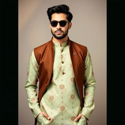 A stylish male model wearing a light green floral kurta adorned with intricate floral patterns, complemented by a rich brown nehru jacket