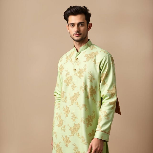 A stylish male model wearing a light green floral kurta adorned with intricate floral patterns, complemented by a rich brown nehru jacket